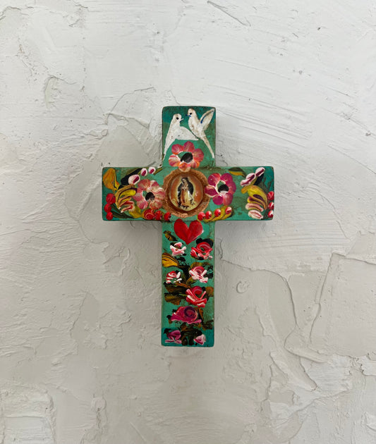Hand-Painted Mexican Cross with Doves and Flowers