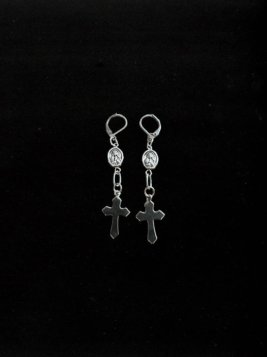 Coleta - Stainless Steel Cross Earrings with Religious Medal