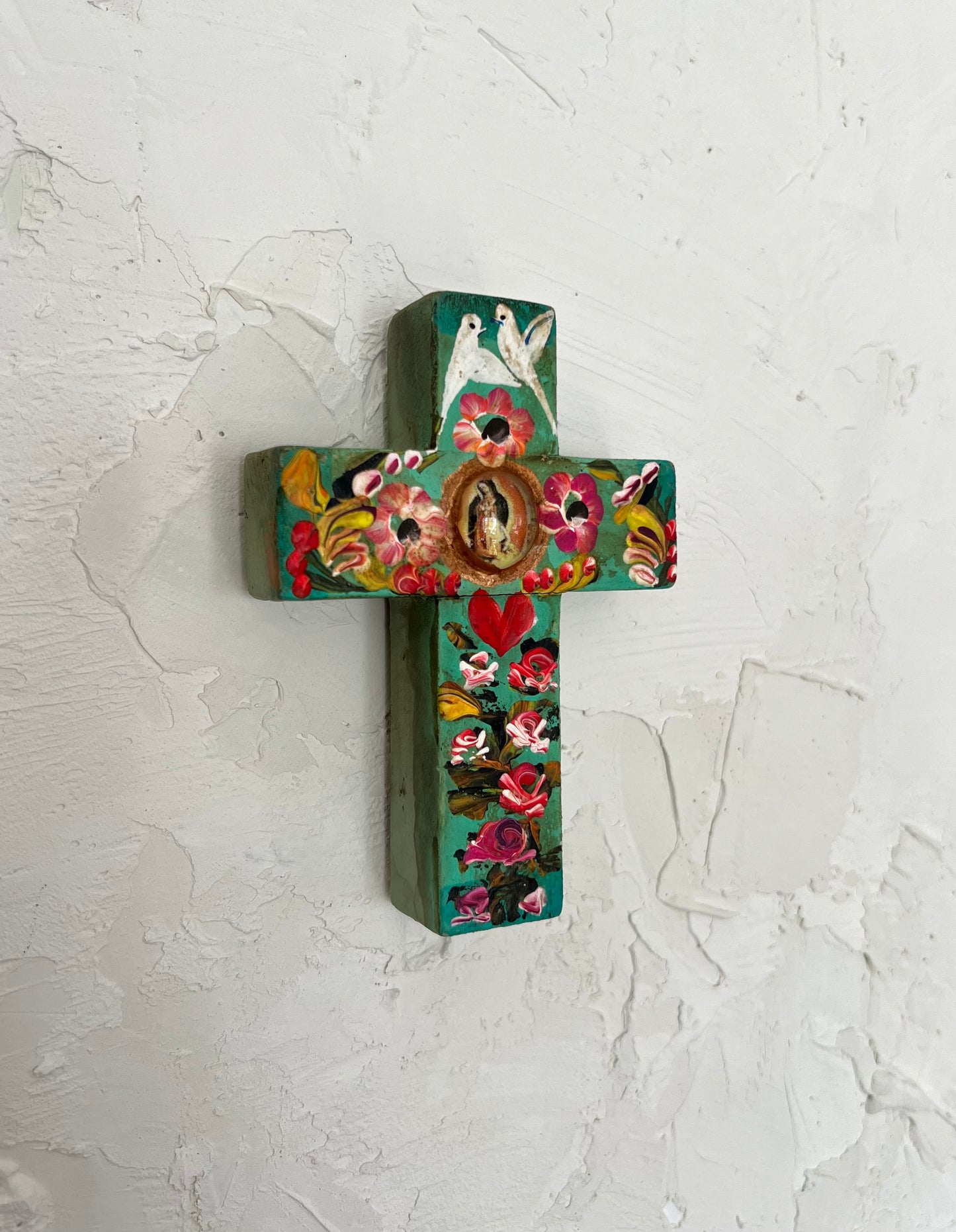 Hand-Painted Mexican Cross with Doves and Flowers