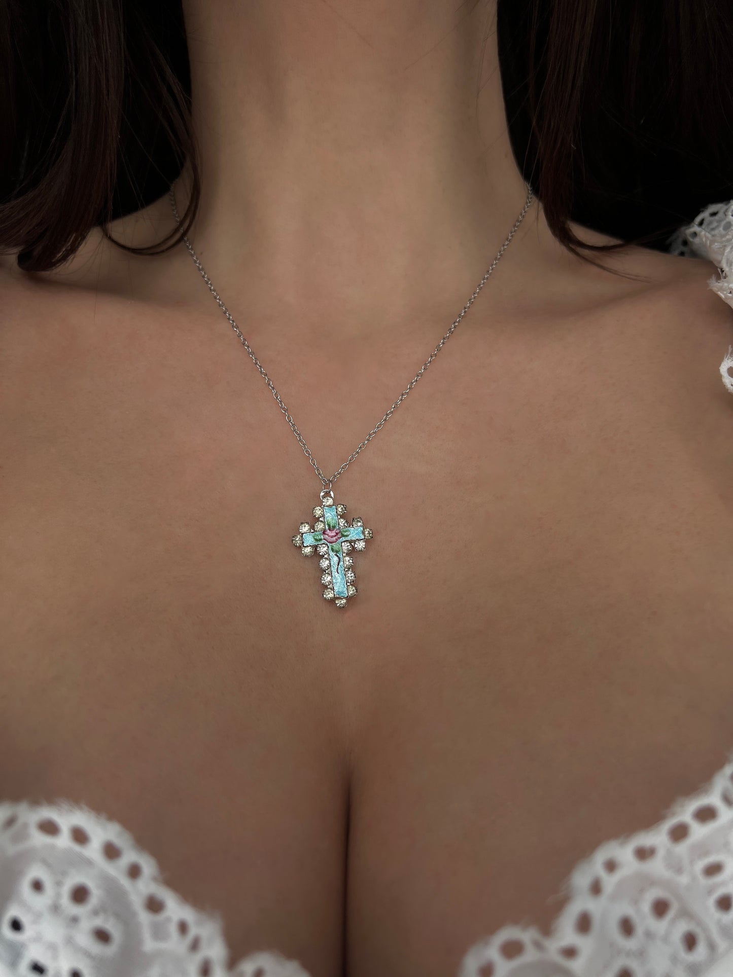 Baby blue cross necklace