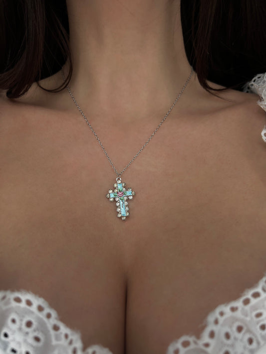 Baby blue cross necklace