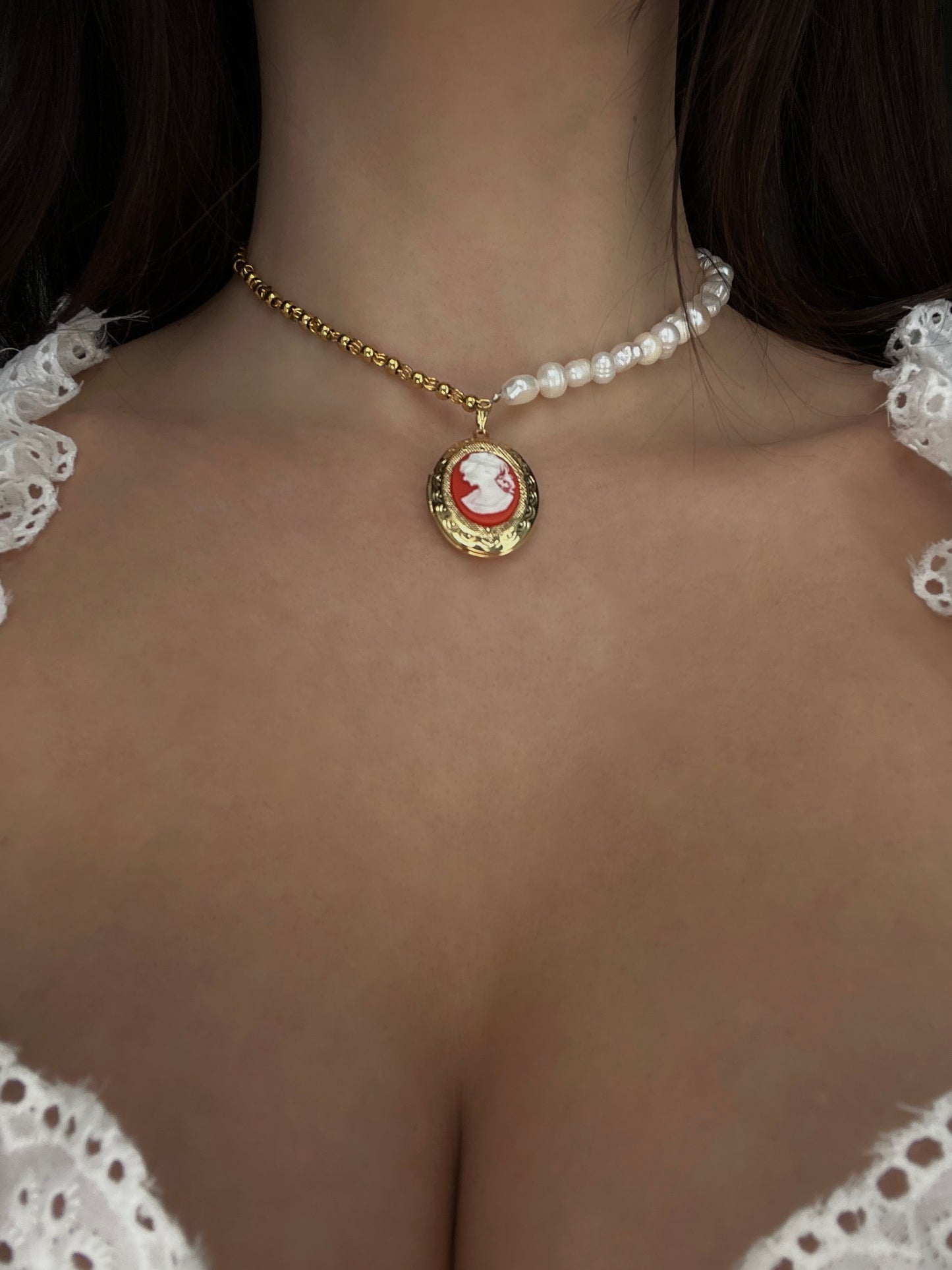 Pearl Cameo locket necklace