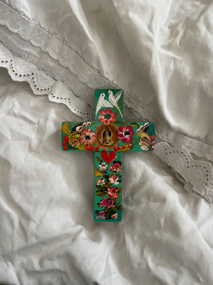 Hand-Painted Mexican Cross with Doves and Flowers