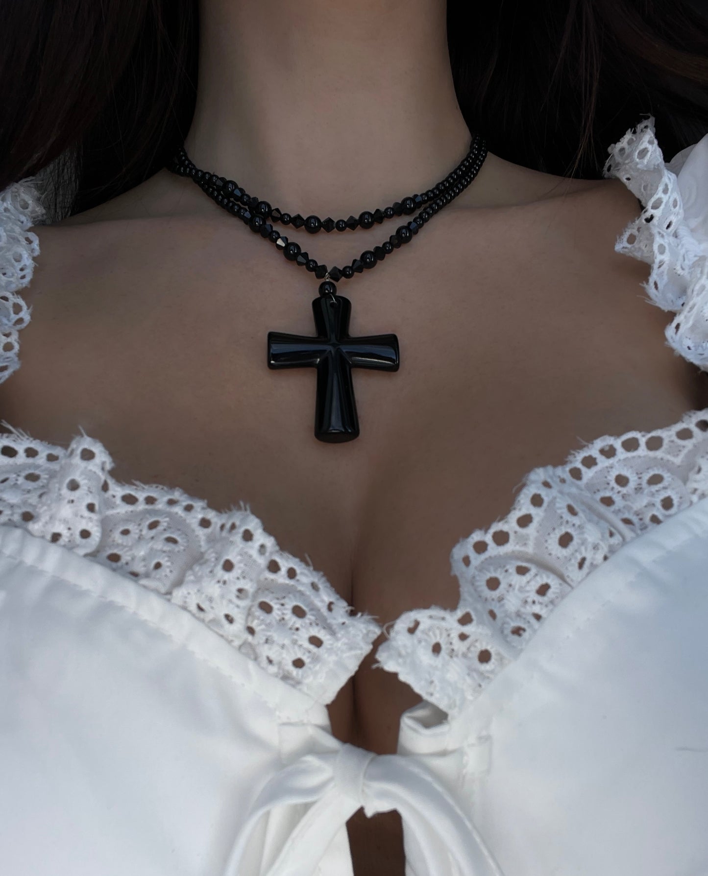 Black cross beaded necklace