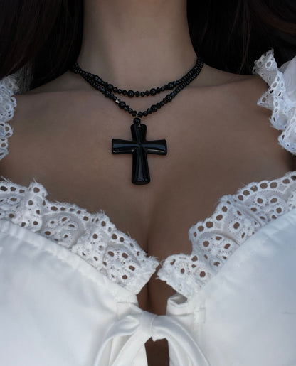 Black cross beaded necklace