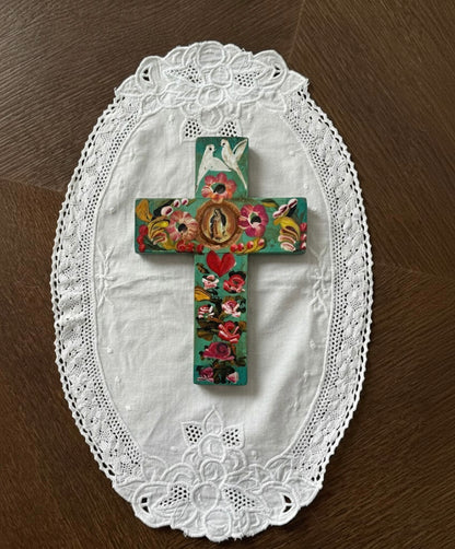Hand-Painted Mexican Cross with Doves and Flowers