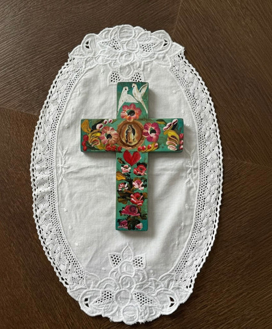 Hand-Painted Mexican Cross with Doves and Flowers