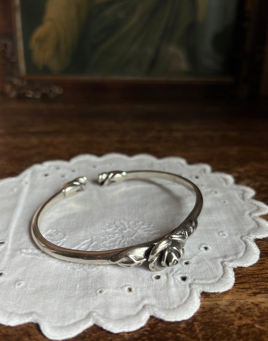 Vintage Flower Bracelet 925 Sterling Silver Cuff Bangle